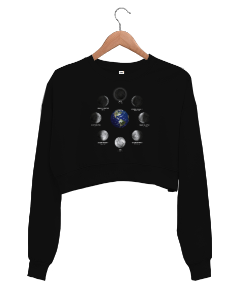 Tisho - Dünya ve Ay evreleri - World And Moon Siyah Kadın Crop Sweatshirt