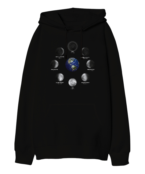 Tisho - Dünya ve Ay evreleri - World And Moon Siyah Oversize Unisex Kapüşonlu Sweatshirt