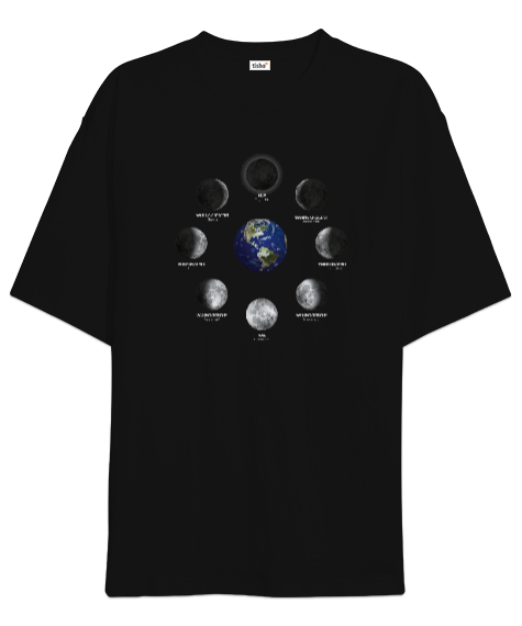 Tisho - Dünya ve Ay evreleri - World And Moon Siyah Oversize Unisex Tişört