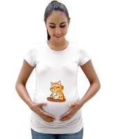 Düşünceli kedi baskılı Beyaz Kadın Hamile Tişört - Tisho