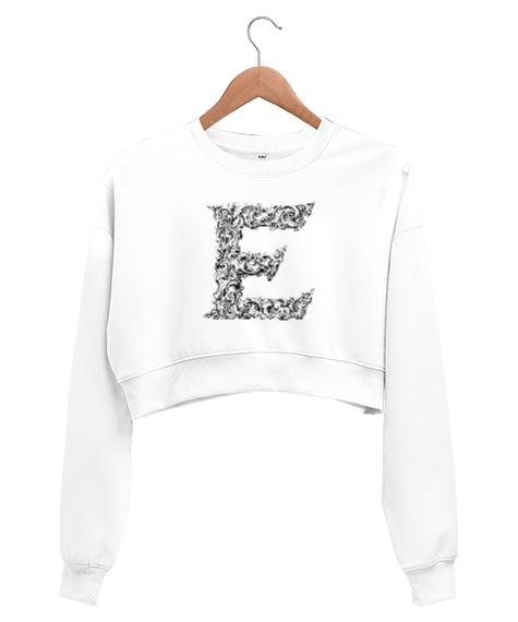 Tisho - E Harf Tasarım Beyaz Kadın Crop Sweatshirt
