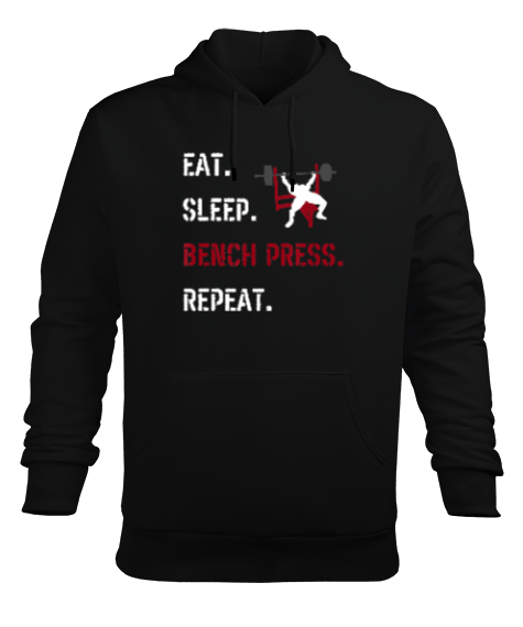 Tisho - Eat Sleep Bench Press Repeat Baskılı Siyah Erkek Kapüşonlu Hoodie Sweatshirt