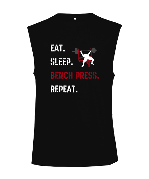 Tisho - Eat Sleep Bench Press Repeat Baskılı Siyah Kesik Kol Unisex Tişört