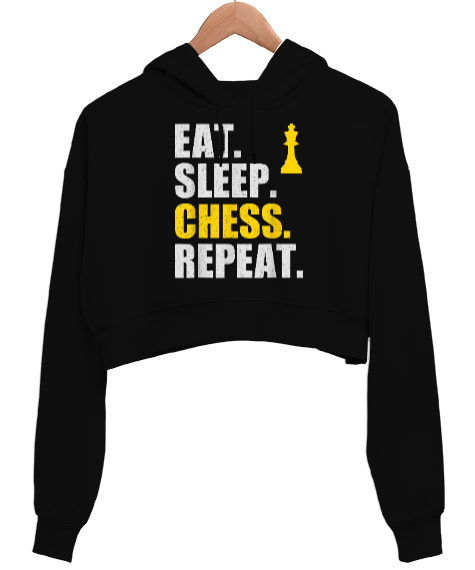 Tisho - Eat Sleep Chess Repeat Tasarım Baskılı Siyah Kadın Crop Hoodie Kapüşonlu Sweatshirt