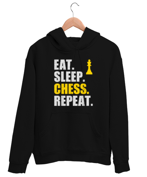 Tisho - Eat Sleep Chess Repeat Tasarım Baskılı Siyah Unisex Kapşonlu Sweatshirt