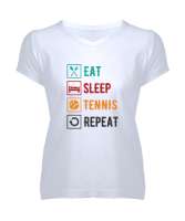 Eat Sleep Tennis Repeat - Ye Uyu Tenis Rutin Beyaz Kadın V Yaka Tişört - Tisho