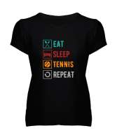 Eat Sleep Tennis Repeat - Ye Uyu Tenis Rutin Siyah Kadın V Yaka Tişört - Tisho