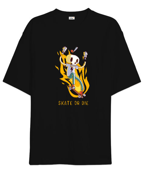 Tisho - Eğlenceli İskelet - Skate Or Die Siyah Oversize Unisex Tişört