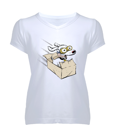 Tisho - Eğlenen Neşeli Sevimli Köpek Beyaz Kadın V Yaka Tişört