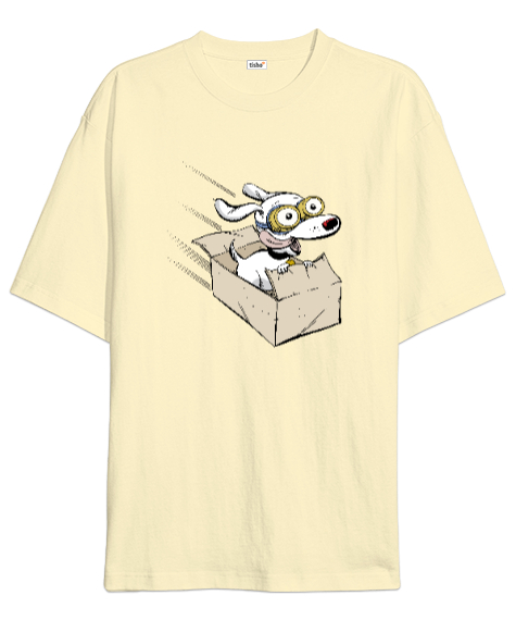 Tisho - Eğlenen Neşeli Sevimli Köpek Krem Oversize Unisex Tişört