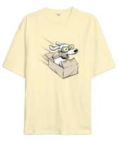 Eğlenen Neşeli Sevimli Köpek Krem Oversize Unisex Tişört - Tisho