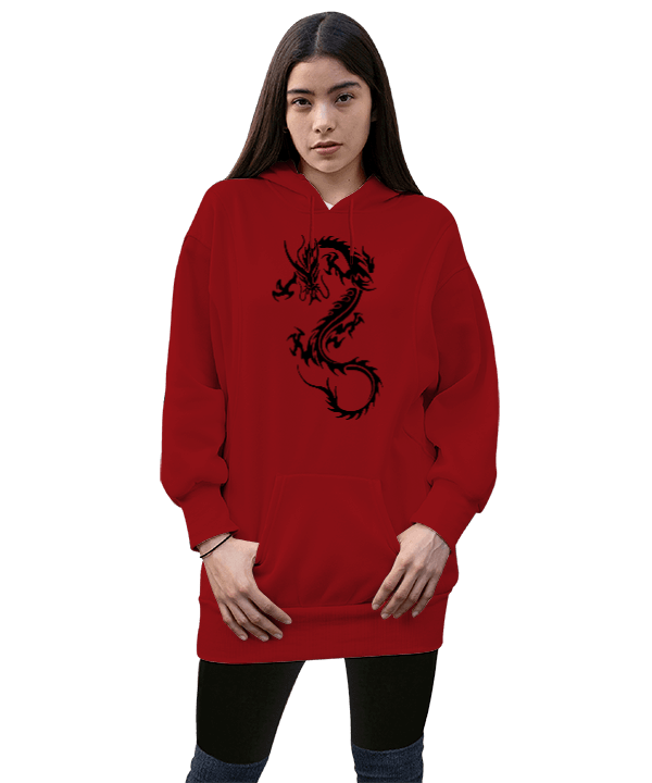Tisho - Ejderha desenli Kadın Uzun Hoodie Kapüşonlu Sweatshirt
