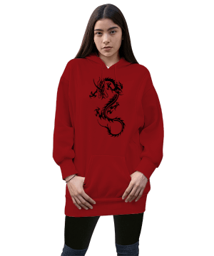 Ejderha desenli Kadın Uzun Hoodie Kapüşonlu Sweatshirt - Tisho