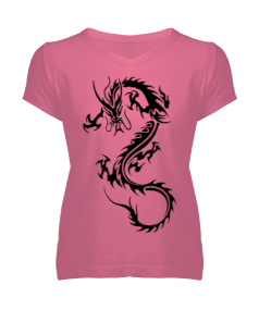 Ejderha Desenli Kadın V Yaka Tişört - Tisho