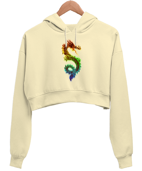 Tisho - Ejderha Tasarım Baskılı Kadın Crop Hoodie Kapüşonlu Sweatshirt