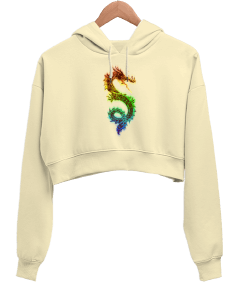 Ejderha Tasarım Baskılı Kadın Crop Hoodie Kapüşonlu Sweatshirt - Tisho