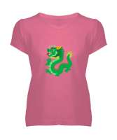 Ejderha tasarım Pembe Kadın V Yaka Tişört - Tisho