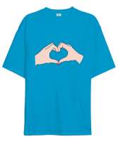 El kalp parmak kalp Turkuaz Oversize Unisex Tişört - Tisho