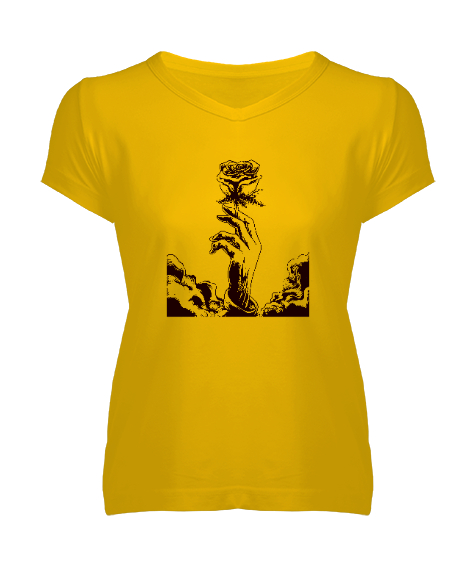 Tisho - El ve Gül Sarı Kadın V Yaka Tişört