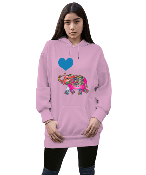 Tisho - Elephantpink Kadın Uzun Hoodie Kapüşonlu Sweatshirt