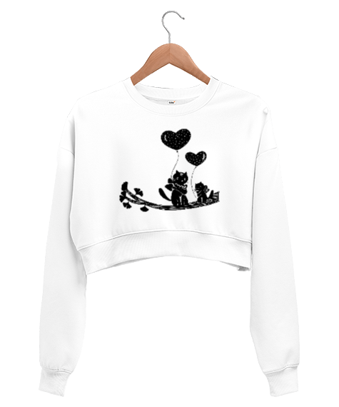 Tisho - Elinde Kalpli Balon Tutan Kedi Kadın Crop Sweatshirt