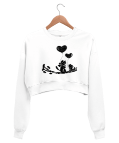 Elinde Kalpli Balon Tutan Kedi Kadın Crop Sweatshirt - Tisho