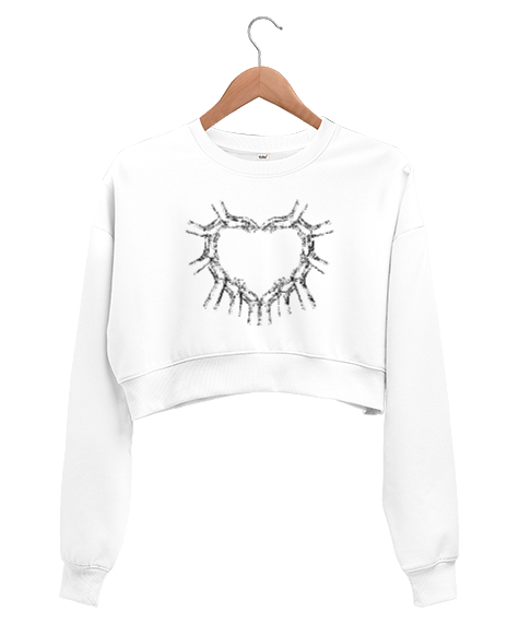 Tisho - Eller ve Kalp Beyaz Kadın Crop Sweatshirt