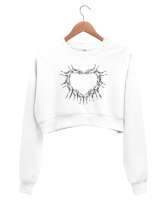 Eller ve Kalp Beyaz Kadın Crop Sweatshirt - Tisho