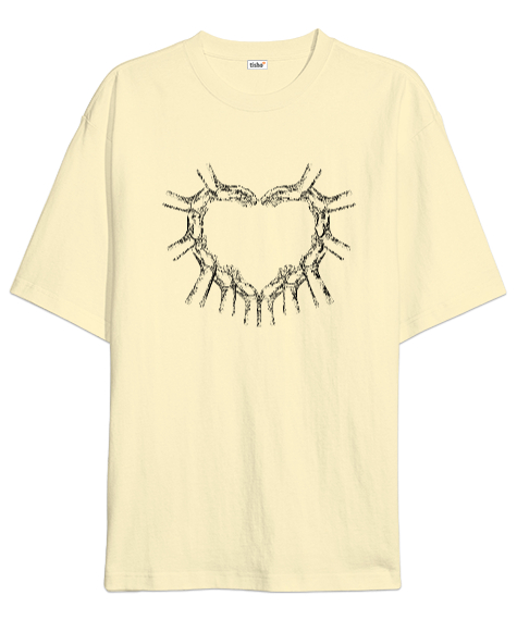 Tisho - Eller ve Kalp Krem Oversize Unisex Tişört