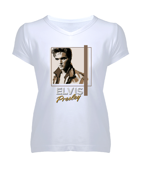 Tisho - Elvis Presley Beyaz Kadın V Yaka Tişört
