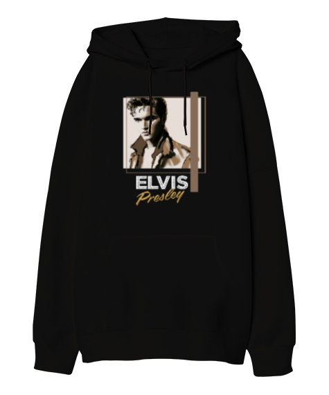 Tisho - Elvis Presley Siyah Oversize Unisex Kapüşonlu Sweatshirt