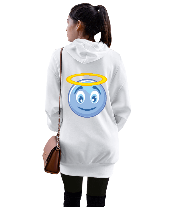 emoji tasarımlı Kadın Uzun Hoodie Kapüşonlu Sweatshirt