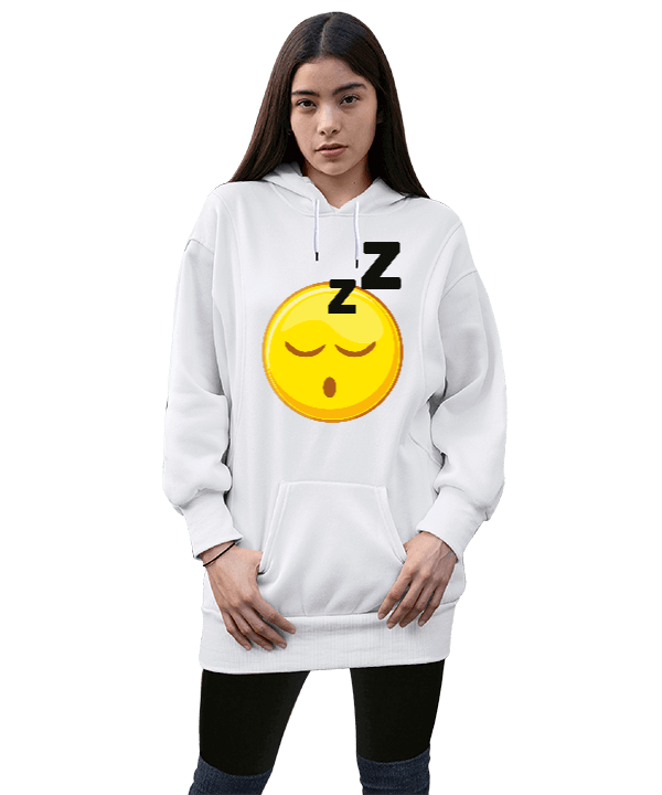 Tisho - emoji tasarımlı Kadın Uzun Hoodie Kapüşonlu Sweatshirt