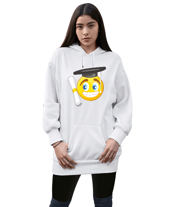 Tisho - emoji tasarımlı Kadın Uzun Hoodie Kapüşonlu Sweatshirt