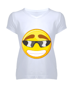 emoji tasarımlı Kadın V Yaka Tişört - Thumbnail