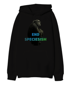 Tisho - End Speciesism Black Oversize Unisex Kapüşonlu Sweatshirt
