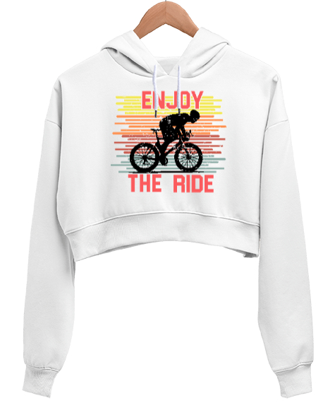 Tisho - Enjoy The Ride Beyaz Kadın Crop Hoodie Kapüşonlu Sweatshirt
