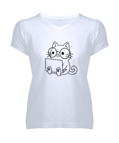 Tisho - Entel Kedi Kadın V Yaka Tişört