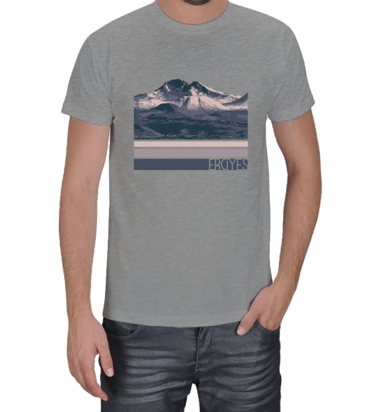 Tisho - Erciyes Dağı Tasarımlı gri Erkek Tişört
