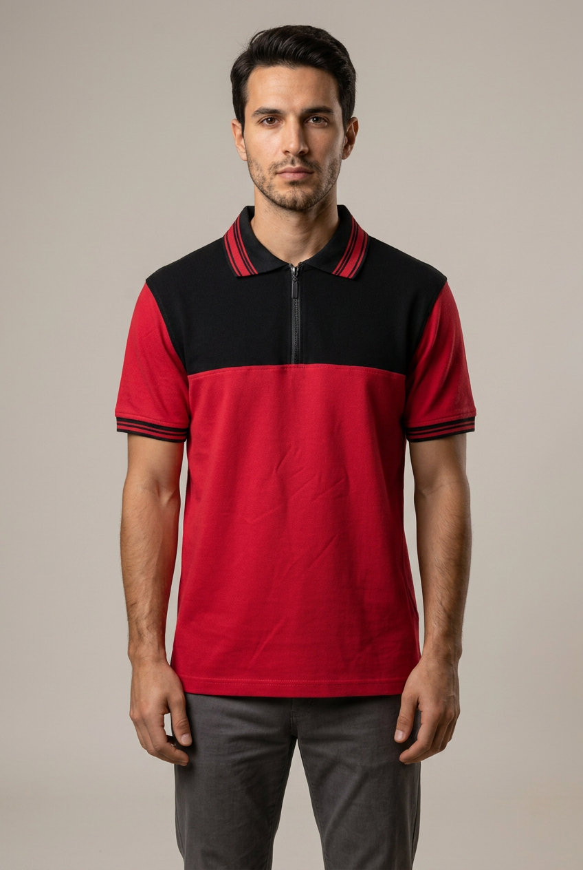 Erkek Fermuarlı Polo Yaka T-Shirt Kırmızı Siyah %100 Pamuk Pike Kumaş - Tisho