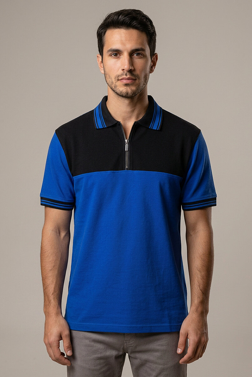 Erkek Fermuarlı Polo Yaka T-Shirt Mavi Siyah %100 Pamuk Pike Kumaş - Tisho