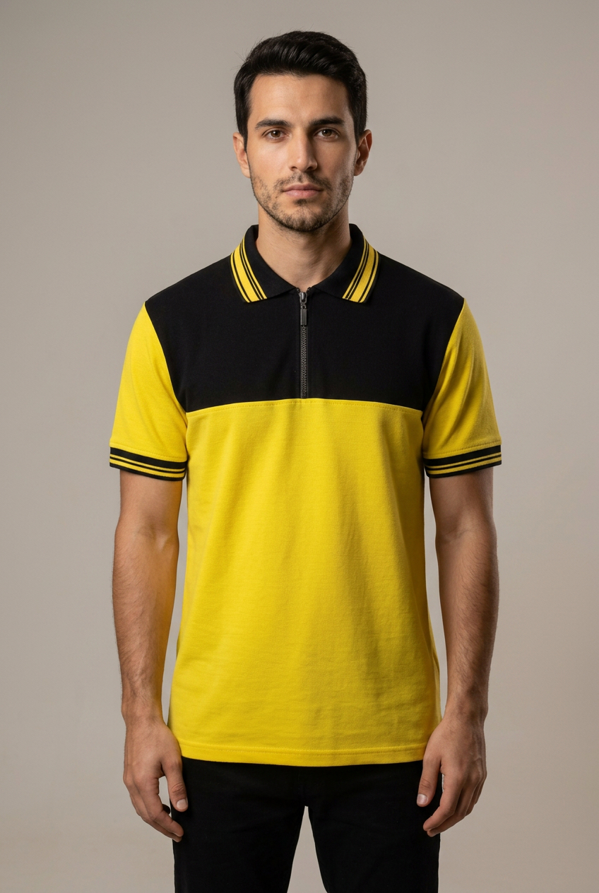 Erkek Fermuarlı Polo Yaka T-Shirt Sarı Siyah %100 Pamuk Pike Kumaş - Tisho