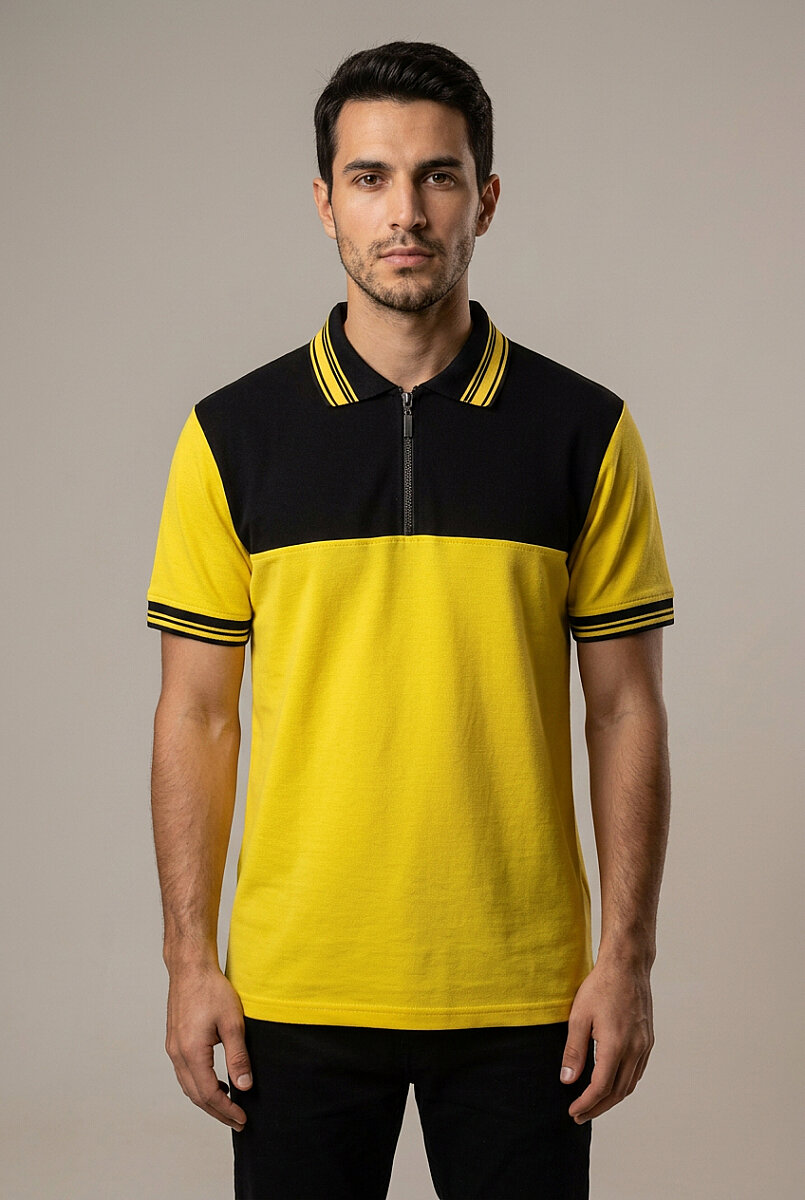 Erkek Fermuarlı Polo Yaka T-Shirt Sarı Siyah %100 Pamuk Pike Kumaş - Tisho