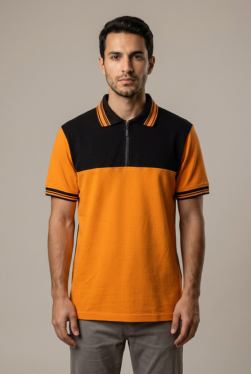 Erkek Fermuarlı Polo Yaka T-Shirt Turuncu Siyah %100 Pamuk Pike Kumaş - Tisho