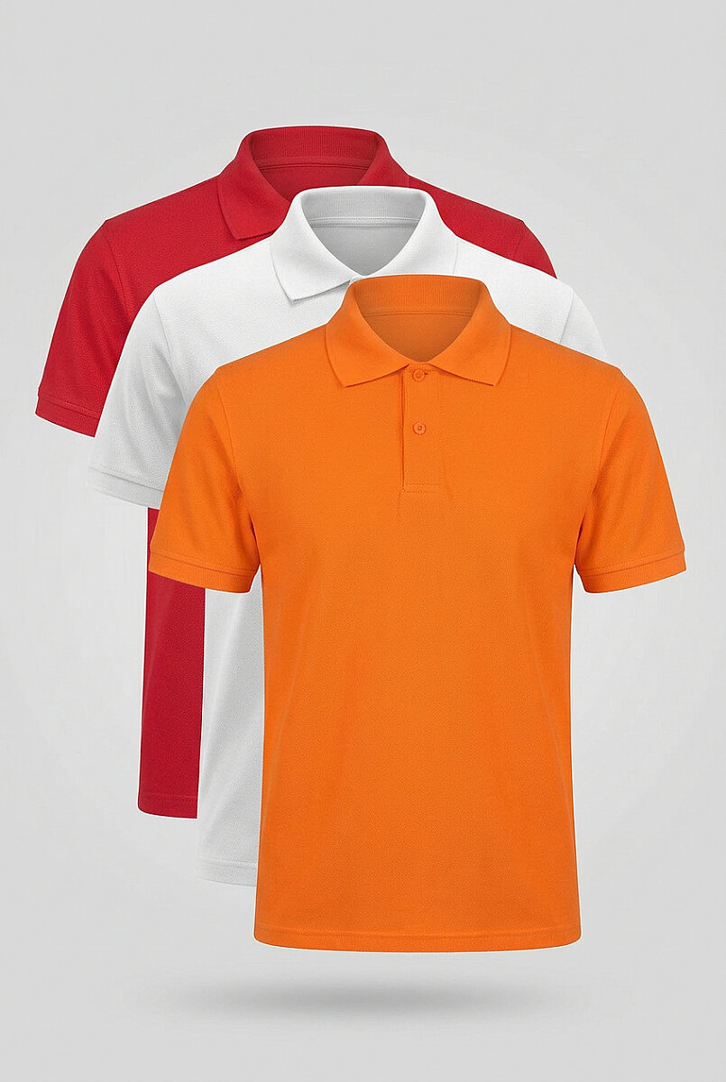 Erkek 3'lü Polo Yaka T-Shirt Düz Kırmızı Turuncu Beyaz %100 Pamuk Pike Kumaş - Tisho