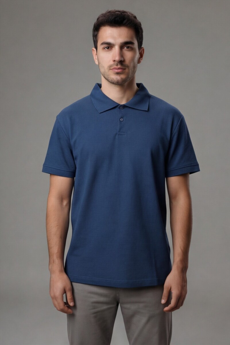 Erkek Polo Yaka T-Shirt Bisiklet Yaka Düz Mavi %100 Pamuk Pike Kumaş - Tisho