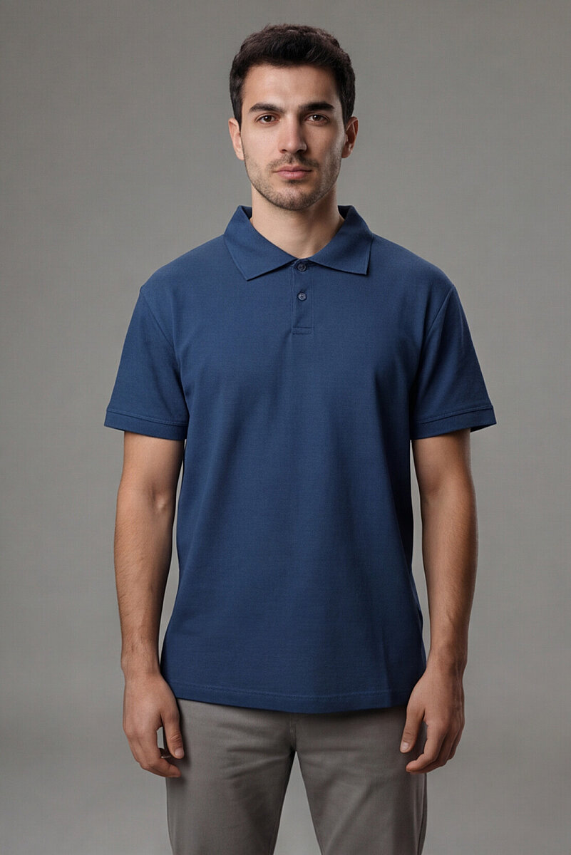 Erkek Polo Yaka T-Shirt Düz Mavi %100 Pamuk Pike Kumaş - Tisho
