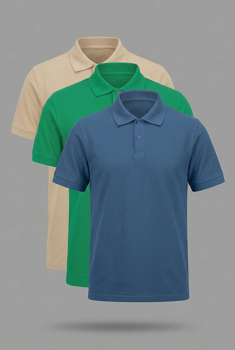 Erkek 3'lü Polo Yaka T-Shirt Düz Mavi Yeşil Bej %100 Pamuk Pike Kumaş - Tisho
