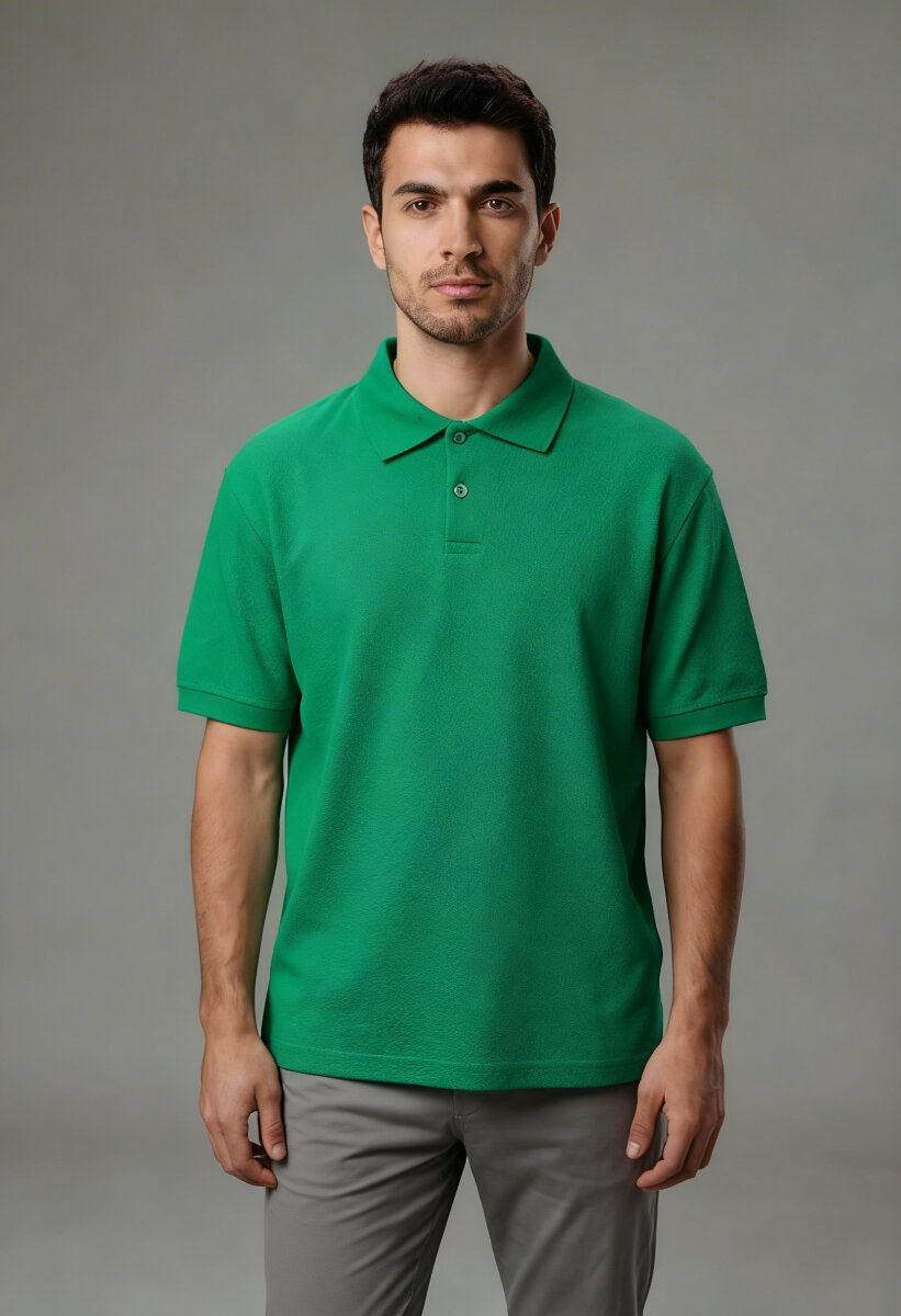 Erkek Polo Yaka T-Shirt Düz Yeşil %100 Pamuk Pike Kumaş - 