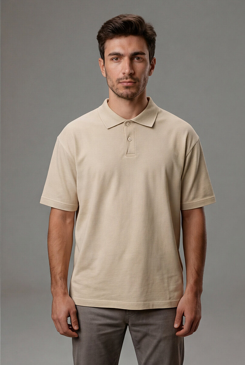 Erkek Polo Yaka T-Shirt Düz Bej %100 Pamuk Pike Kumaş - Tisho